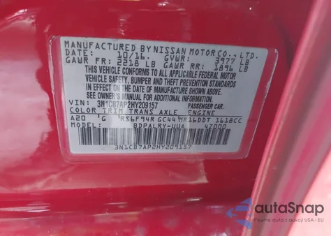 2017 Nissan Sentra Sr Turbo z USA, uszkodzony, nr VIN 3N1CB7AP2HY209157